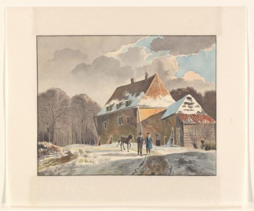 Winter landscape with a farm and figures on a path