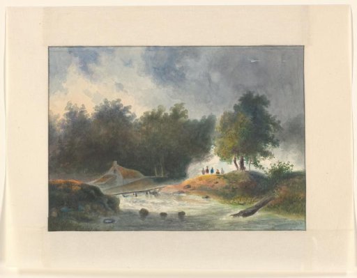 Figures by a Bridge over a River