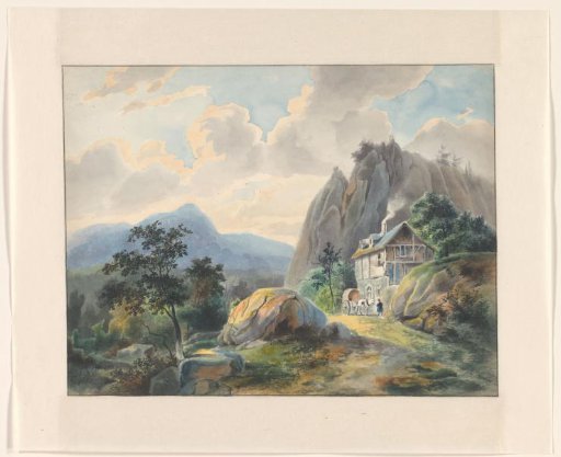 Mountain landscape with a cart near a house