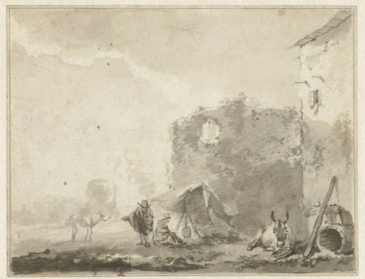 Italianate landscape with a ruin, two people by a fire and donkeys