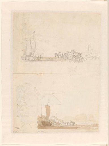 Study sheet with two sketches of fishing boats and horse-drawn carriages on the beach