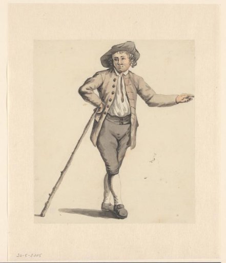 Standing young man, with hat, leaning on a stick