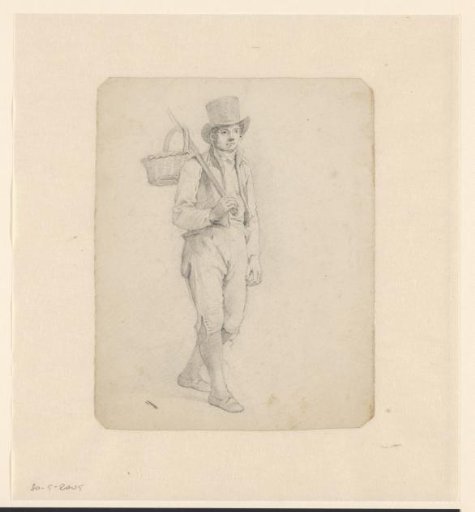 Man carrying a basket on a stick over his shoulder