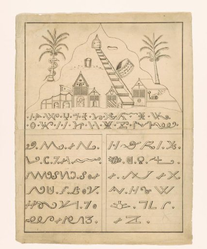 Mountain with a staircase to a door and symbols