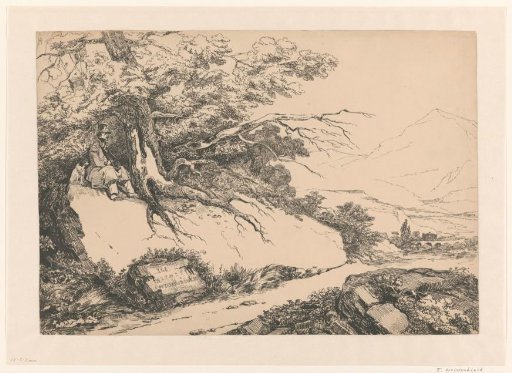 Landscape, with a man resting with a dog under a tree