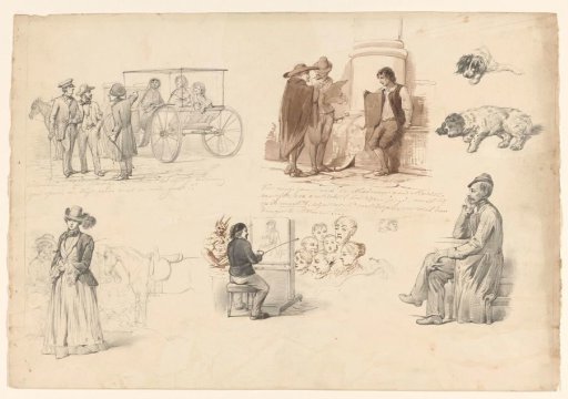 Sketch sheet with various studies, including two dogs