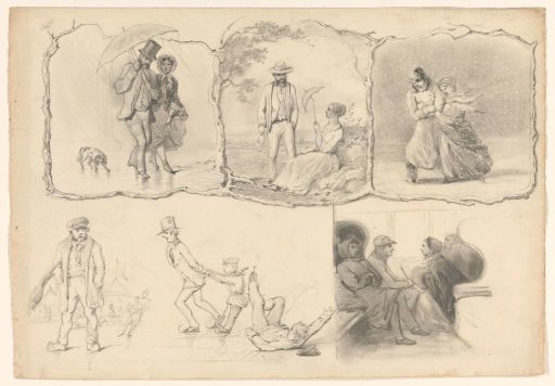 Sketch sheet with various studies, including ice skating