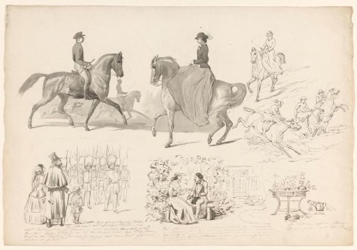 Sketch sheet with various studies, including equestrian sport