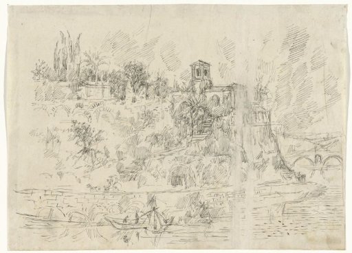 River view with classical buildings on the banks (in Rome?)