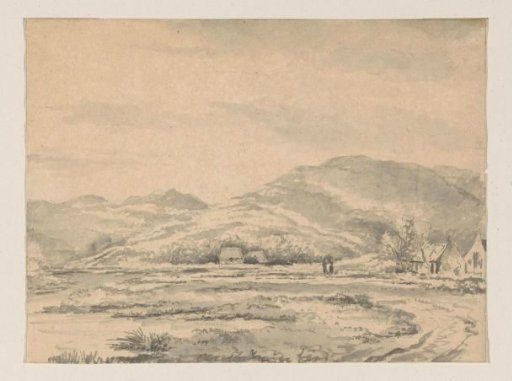 Hilly landscape with a few houses and a river on the left