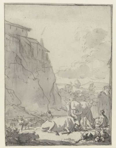 Shepherd with cows and sheep in an Italianate landscape