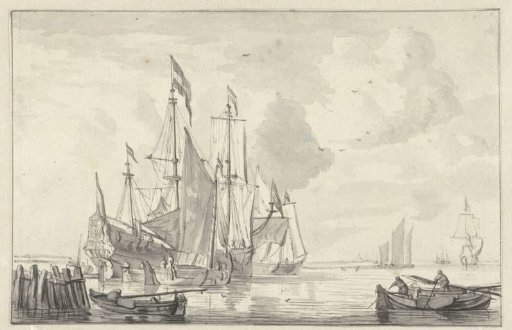 Seascape with several ships in calm water near the coast