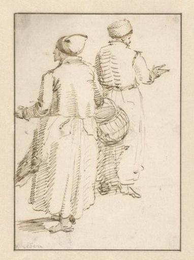 Man and woman in peasant clothing, seen from behind