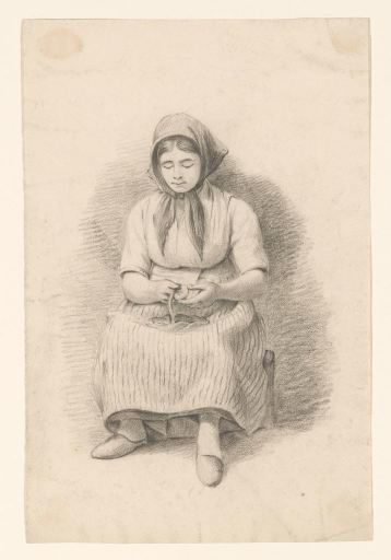 Seated woman peeling potatoes