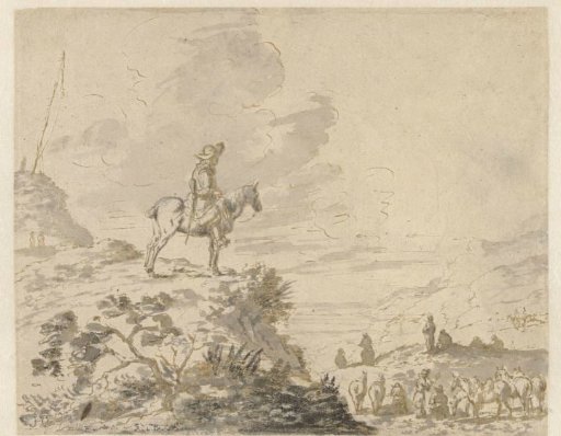 Mounted Sentry Overlooking a Panoramic Landscape with Soldiers and Horses