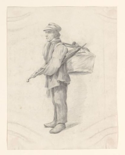 Standing man with an umbrella and a bundle on his back