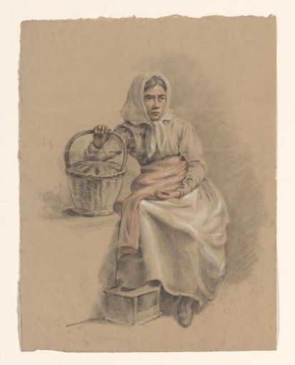 Seated woman with a basket, foot on a stove