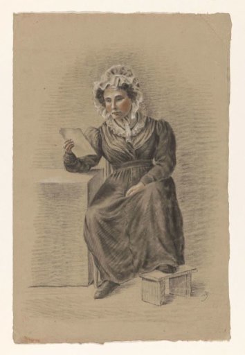 Seated woman with foot on a stove, reading a letter