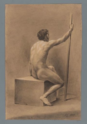 Seated male nude, on a block with a staff