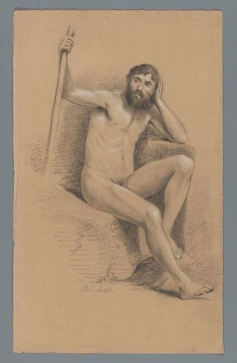 Seated male nude, on a block with a staff, facing right