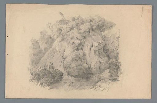 Landscape with a man sitting by a waterfall