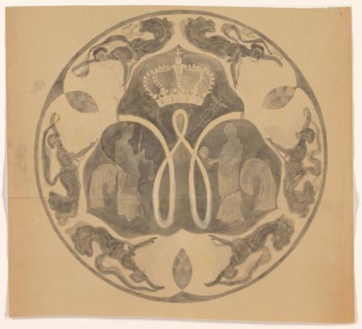 Design for a plate with a crowned W and personifications of Prudentia and Justitia