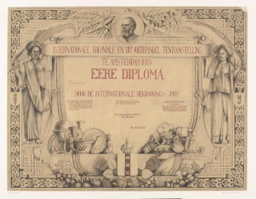 Design for a diploma awarded by the jury for the International Colonial and Export Trade Exhibition in Amsterdam, 1883