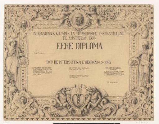 Design for a diploma awarded by the jury for the International Colonial and Export Trade Exhibition in Amsterdam, 1883
