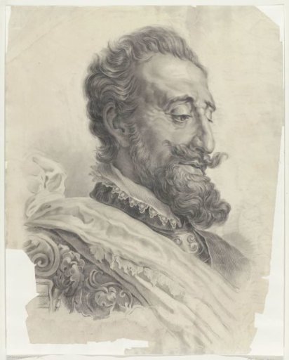 Man's head, with beard, facing right