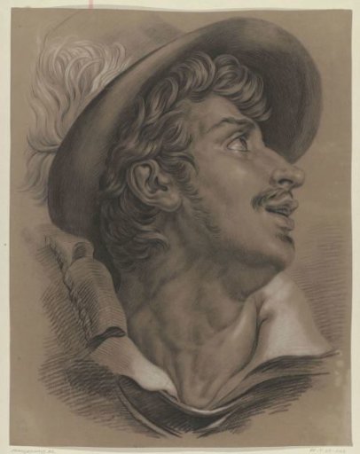 Head of a man with a hat, looking to the right