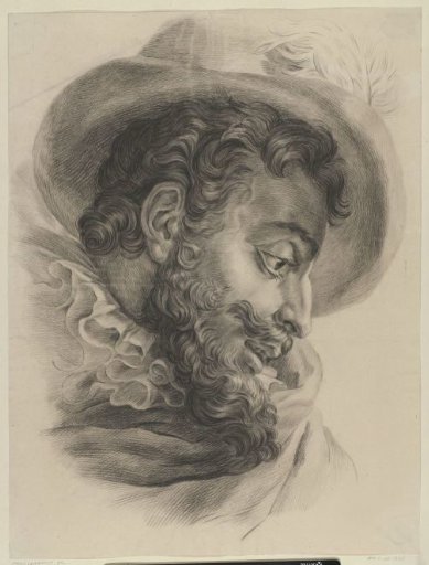 Head of a man with a hat, looking down to the right