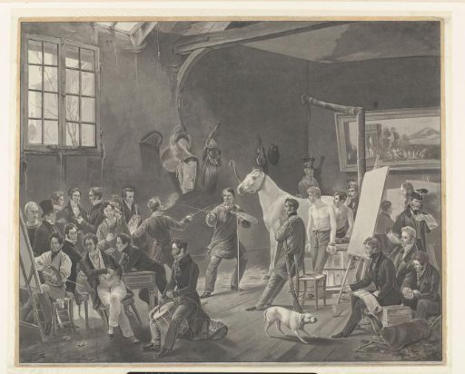 Duel between two painters in a society with many onlookers