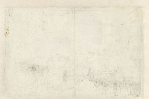 Sketch of a landscape with a carriage and a covered wagon