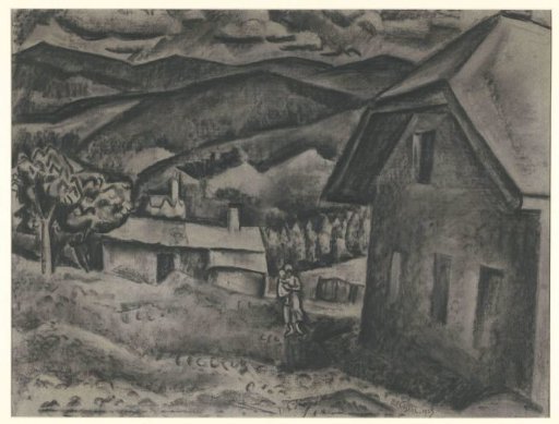 Landscape with a woman and child before a house