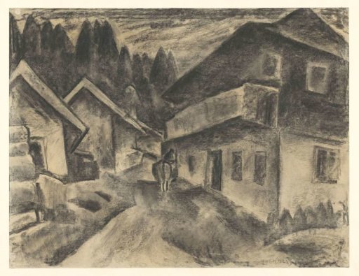 Village view with a man and cow on a village road