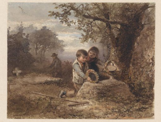 Two children at a grave