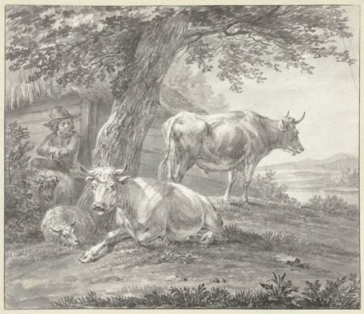 Two cows and two sheep under a tree near a barn
