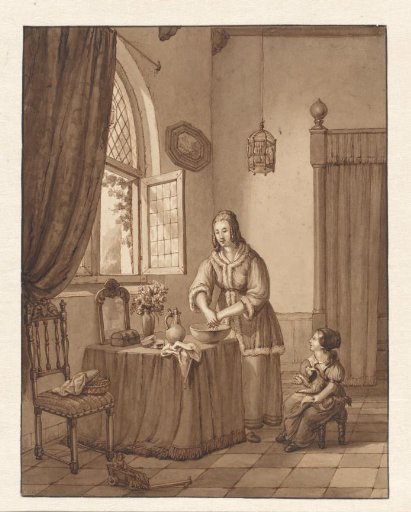 Interior with a woman and a girl with a dog