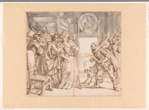 Design for a Broadside on the Persecution of Protestants by Louis XIV (‘Beautiful Constance Dragooned by Harlequin Deodat’)