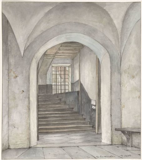The staircase where William of Orange was murdered, the bullet holes and the text plaque