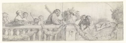 Figures on a balustrade with festoons