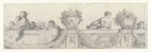 Figures on a balustrade with festoons