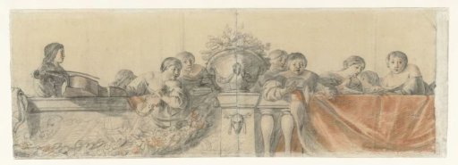 Figures on a balustrade with festoons