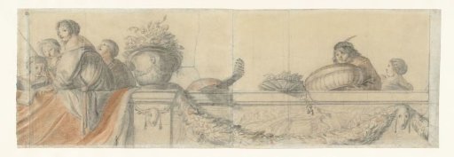 Figures on a balustrade with festoons
