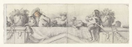 Figures on a balustrade with festoons