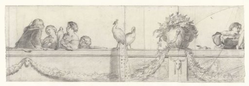 Figures on a balustrade with festoons