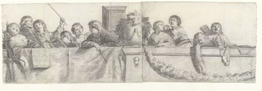 Figures on a balustrade with festoons