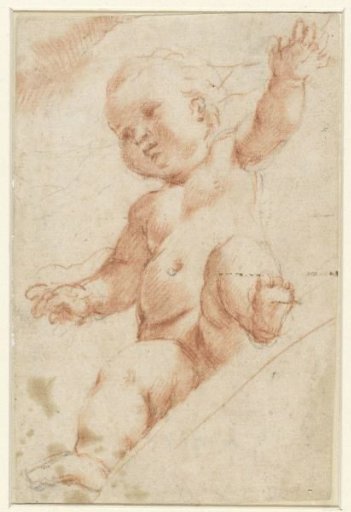 Putto sitting on a bow, seen from below