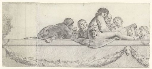 Figures on a balustrade with festoons