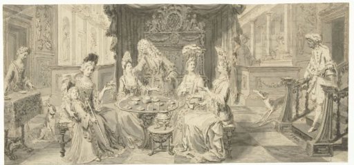 Elegant company in a salon around the tea table